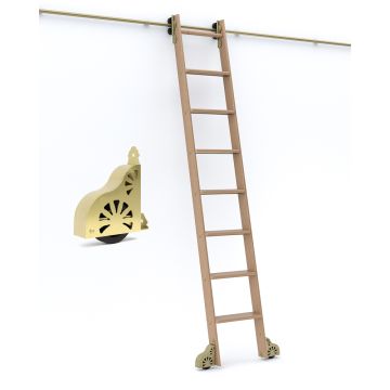 Quiet Glide Ready to Ship Rolling Library Ladder Kits - Satin Brass Hardware - Sunburst Wheel